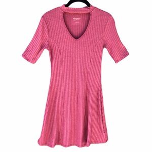 Arizona Dress Small Dusty Rose Pink Ribbed Knit Fit Flare Peek a Boo Neck